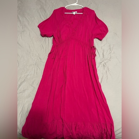 Isabel By Ingrid Hot Pink Cinch Waist V-Neck Rayon Maxi Dress Maternity - Picture 4 of 9